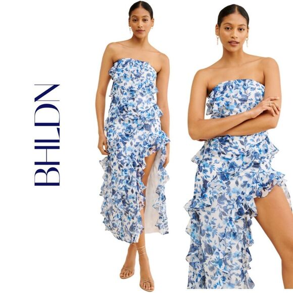BHLDN Anthropologie Jia Bias-Cut Ruffled Blue Floral Strapless Dress SZ XS EUC - Picture 1 of 9